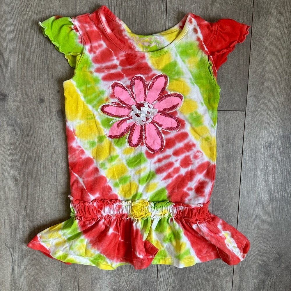 Y2K Flapdoodles Tie Dye Vibrant Tunic T Shirt Girls Size 5 Floral Graphic euc
